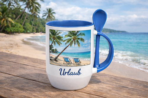 Weiße Two-Tone Löffeltasse mit farbigem Henkel und integriertem Löffel, bedruckt mit einem persönlichen Foto, steht auf einem Tisch