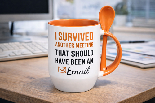 Weiße Two-Tone Löffeltasse mit farbigem Henkel und integriertem Löffel, bedruckt mit einem lustigen Büro-Spruch, steht auf einem Schreibtisch