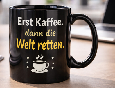 Schwarze Tasse mit weißem Druckfeld, bedruckt mit einem Spruch, steht auf einem Schreibtisch