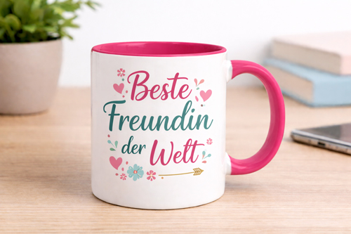 Two Tone Sublimationstasse mit farbigem Henkel, bedruckt mit einem Logo