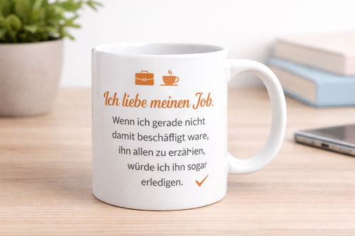 Weiße Bürotasse mit humorvollem Büro-Spruch – bedruckte Fototasse für Arbeitsplatz und Homeoffice
