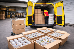 Fototassen werden für den Versand vorbereitet